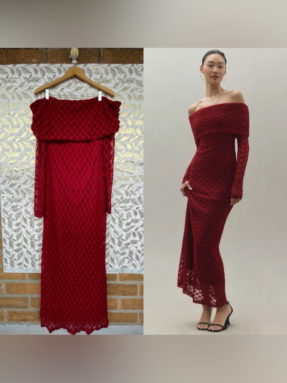 Bardot Red Floral Lace Off-Shoulder Maxi Dress 12 Burgundy Long Sleeve Evening